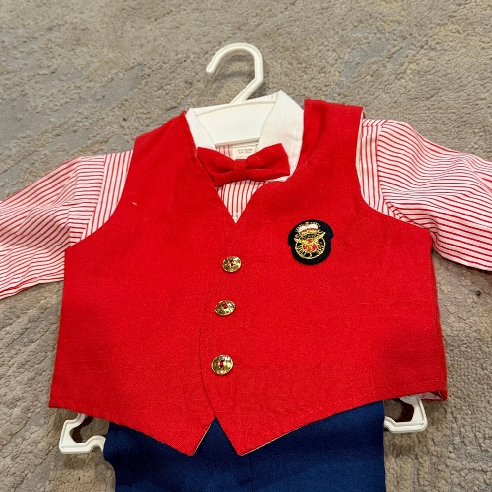 Vintage Toddler Boy 4 Pc Shirt Vest Pant Bowtie Pinstripe 2t happy Fella USA new